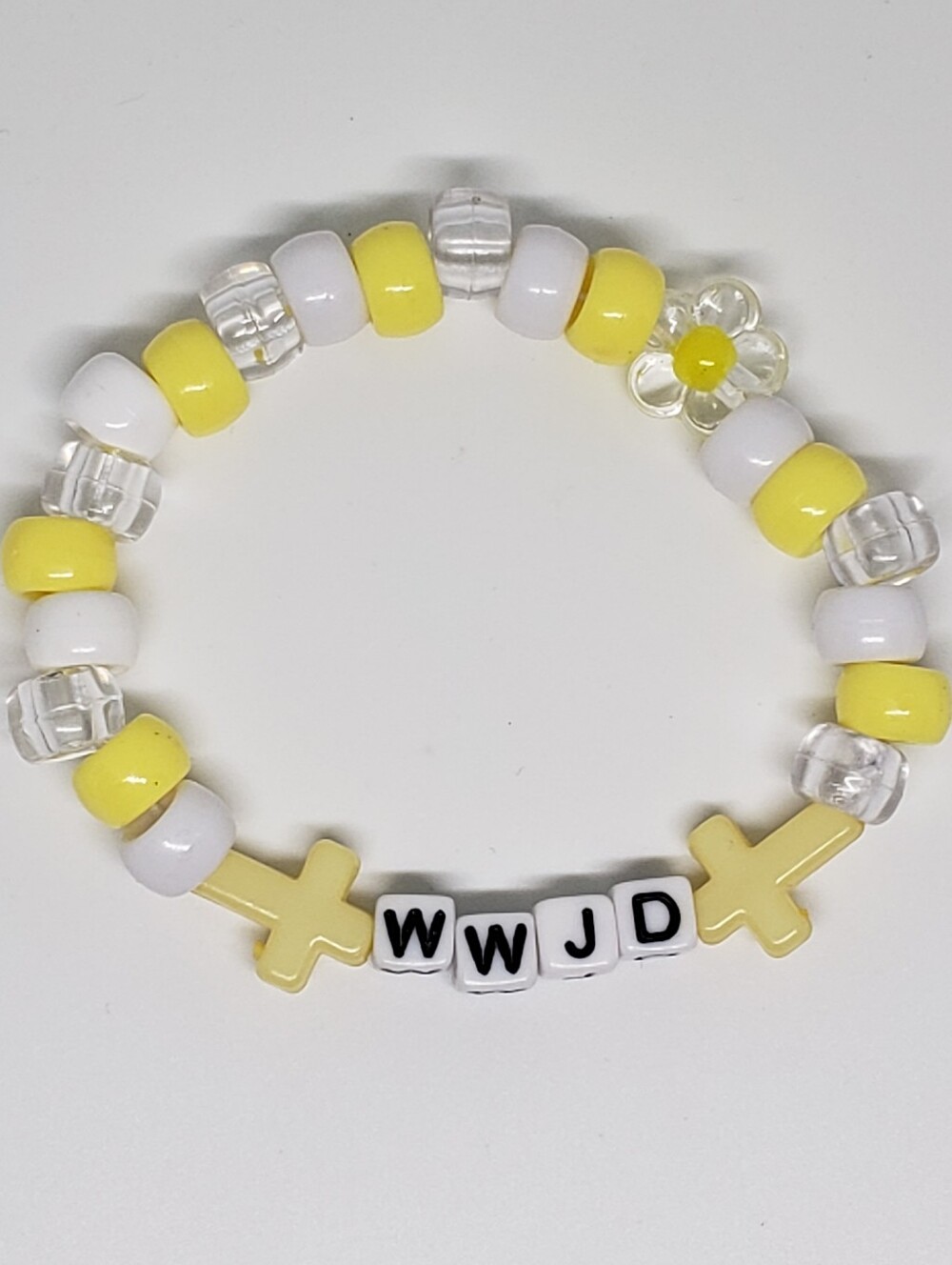 Handmade White Yellow Daisy Cross WWJD Beaded Bracelet